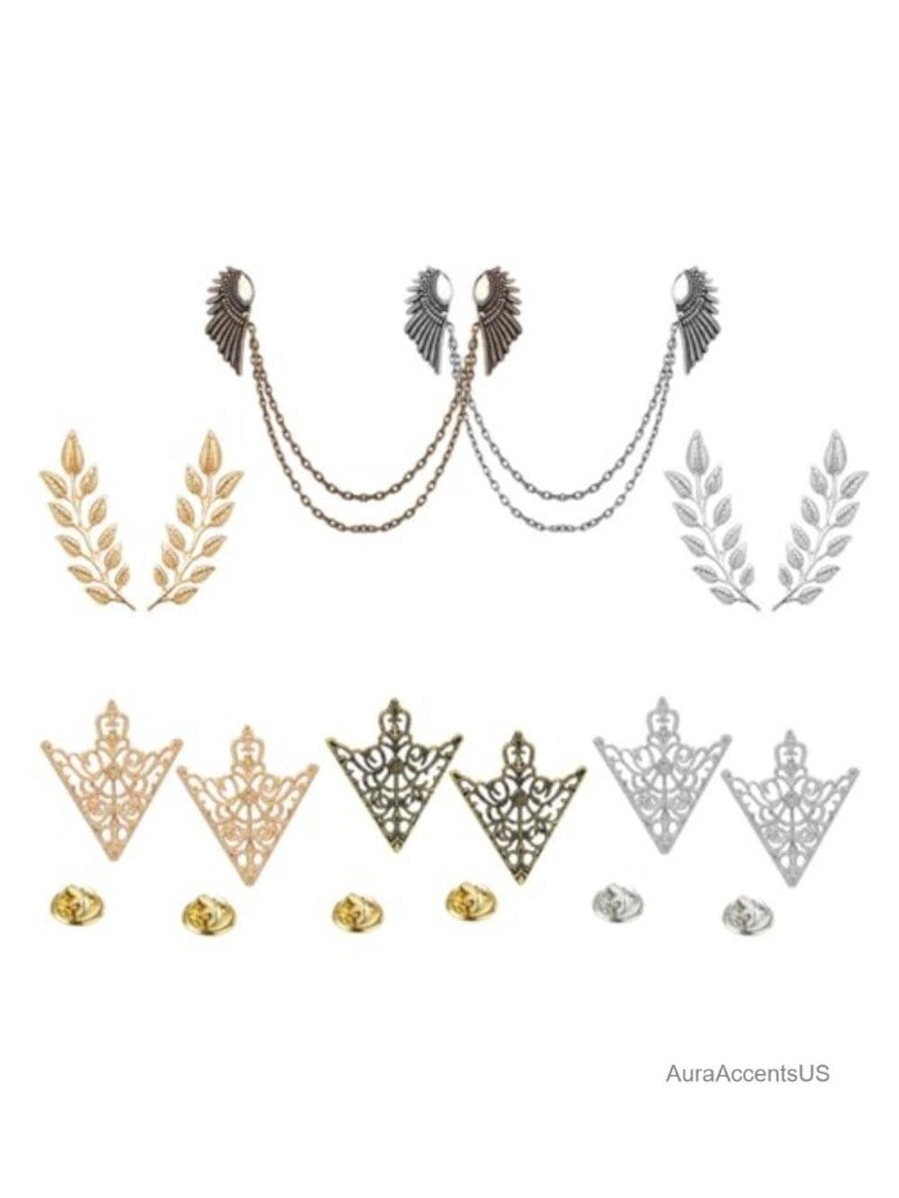 Retro Hollow Pattern Triangle Collar Brooch Clip Alloy Gold Silver
